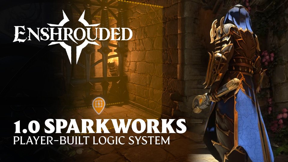 Official Sparkworks introduction artwork showing an armored adventurer beside an interactive gate.